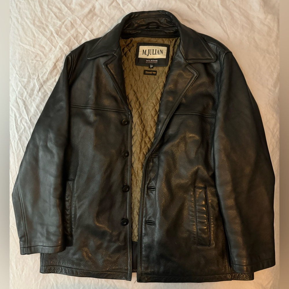 Wilsons M Julian Leather Jacket Mens Sz XL Black Heavy Full Zip Removable Liner